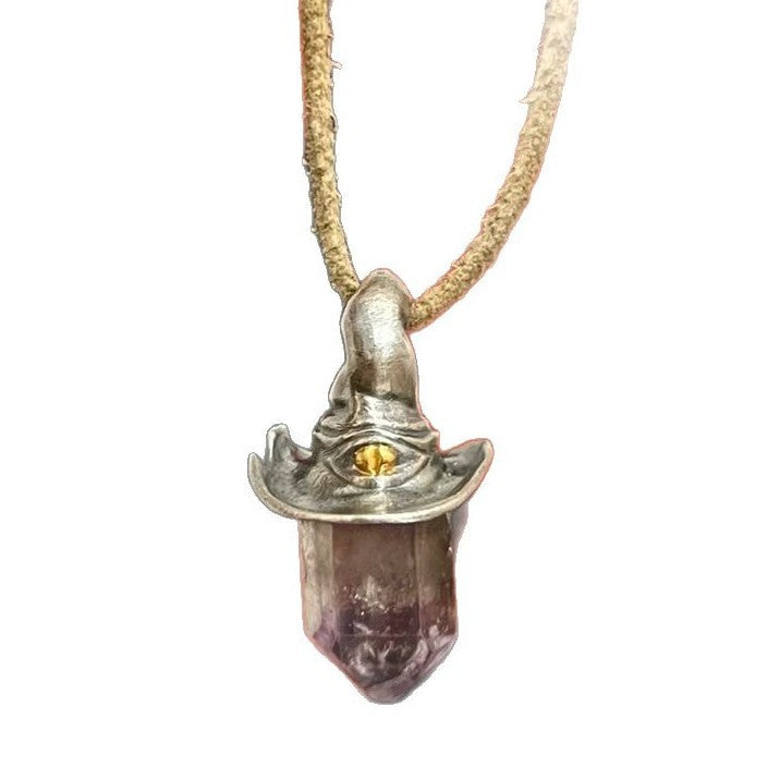 Retro Natural Amethyst Hexagonal Witch Hat Pendant Necklace