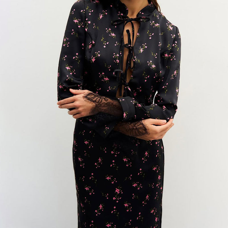 Women's Fashionable Printed Long-Sleeve Lace-Patchwork Skirt Set