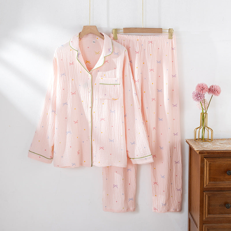 Women's Cotton Pajamas Crepe Cotton Cloth Thin Long-sleeved Homewear Suit