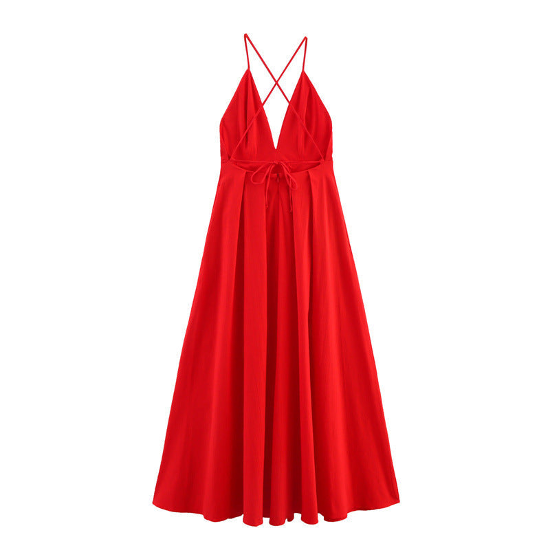 Summer Solid Color Spaghetti Straps Sleeveless Sexy Backless Dress