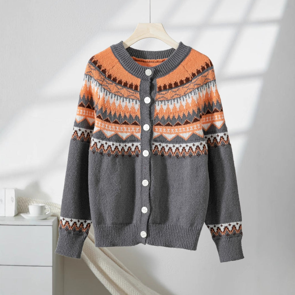 Contrast Color Single-breasted Long Sleeve Knitted Cardigan
