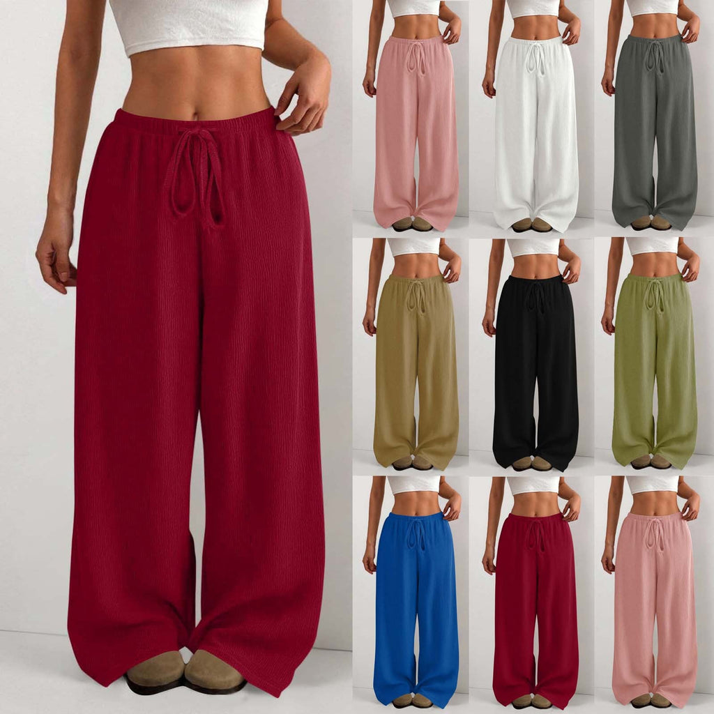Women's Solid Color Loose Wrinkle Waist Drawstring Wide Leg Casual Trousers