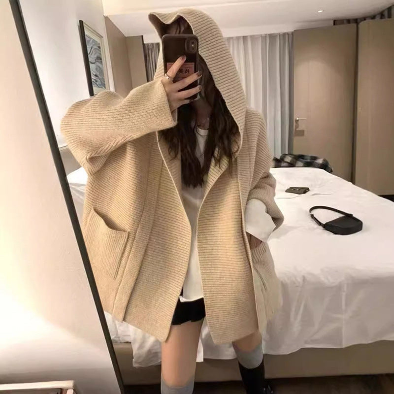 Hooded Pocket Knitted Cardigan Plus Size Women's Thickened