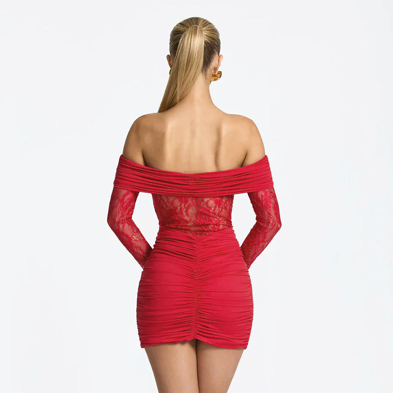 Women's Off-the-Shoulder Lace Patchwork Sheath Mini Dress