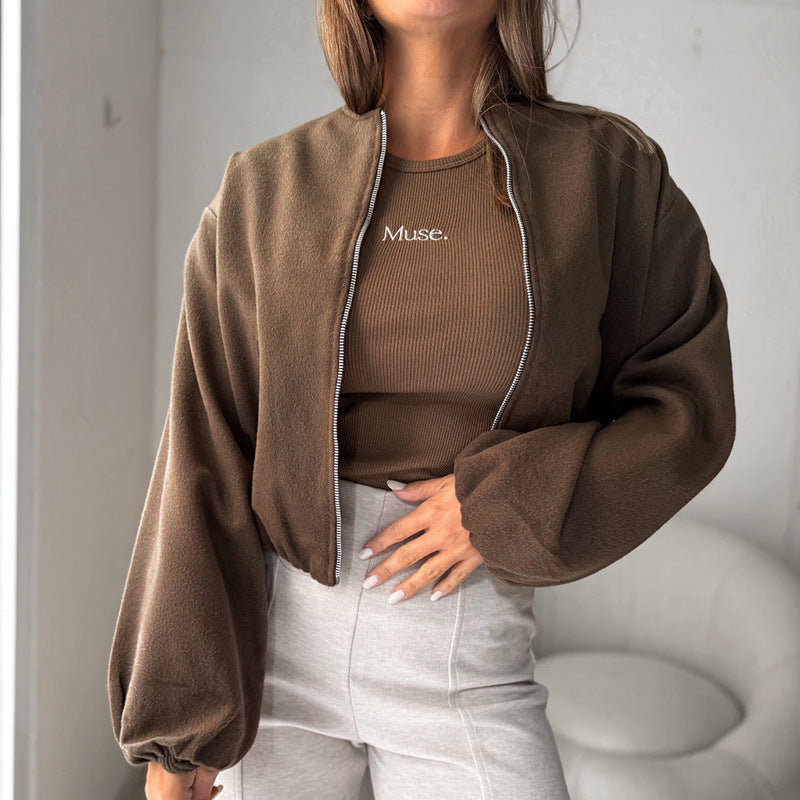 Women's Off-shoulder Round Neck Lantern Sleeve Short Coat