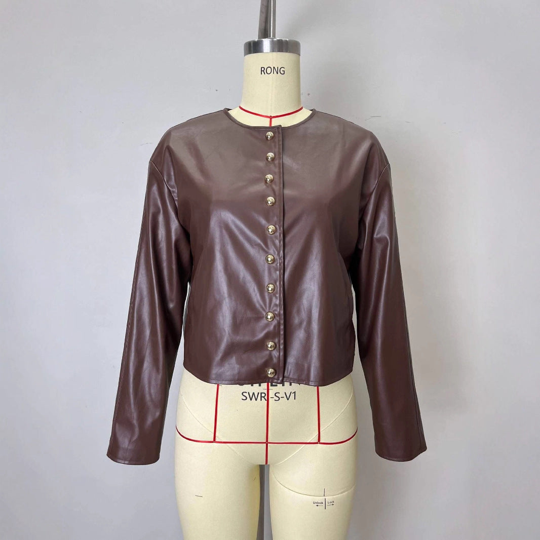 Gold Button Fashion Short Leather Coat