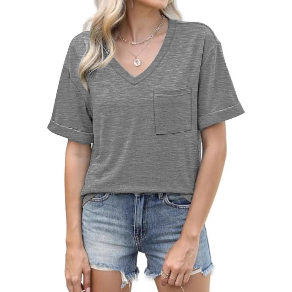 Loose Casual V-neck Pocket Solid Color Short Sleeve T-shirt