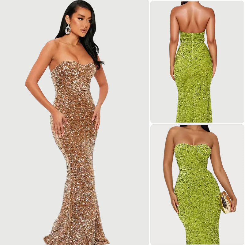 Women's Solid Color Strapless Zipper Velvet Sequin Bodycon Dress