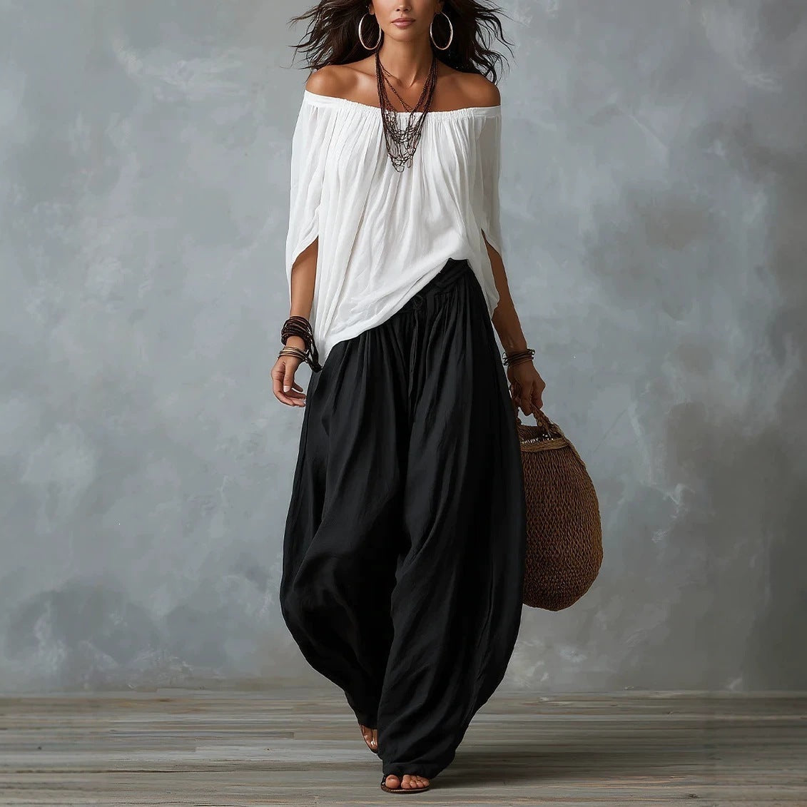 Women's Off-Shoulder Suit Long Sleeve Top And Flare Leg Pants Set - Loose Fit Casual Two Piece Outfit