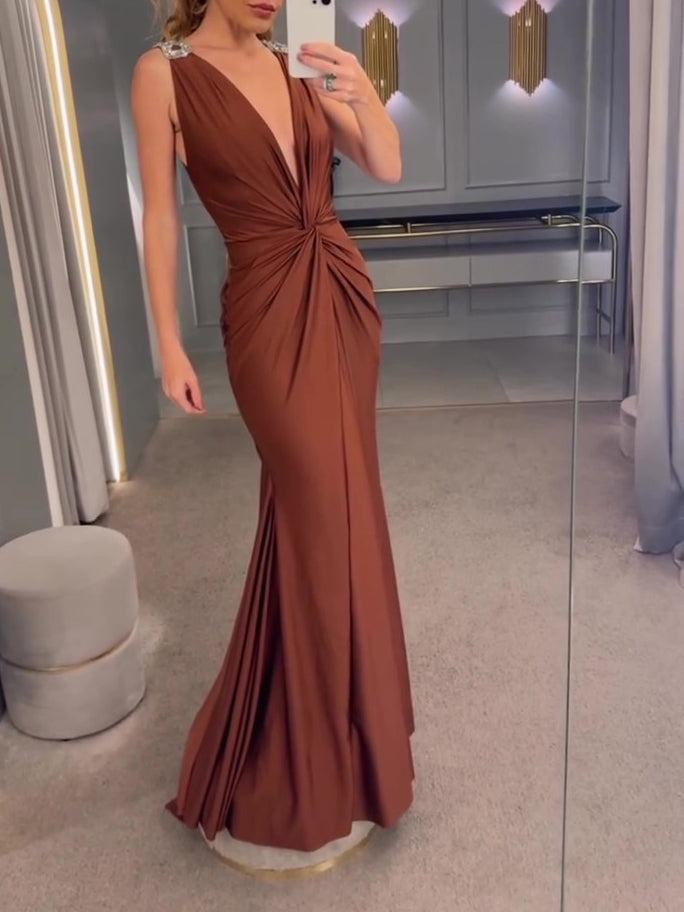 Elegant Draped Deep V - Neck Evening Dress