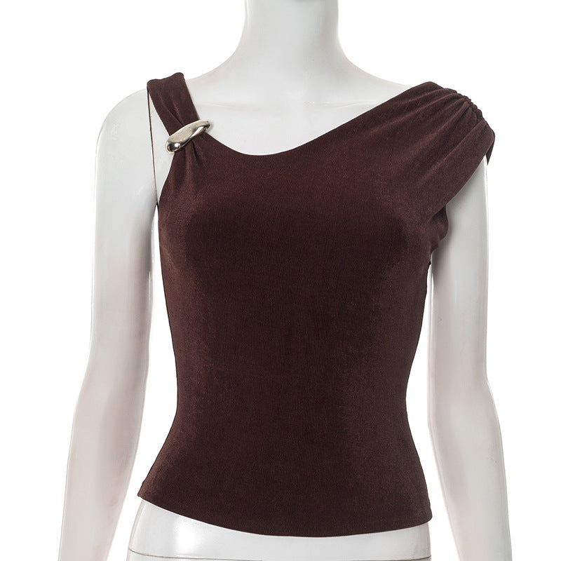 New Arrival Solid-Color Irregular Metal-Button Vest Top For Women