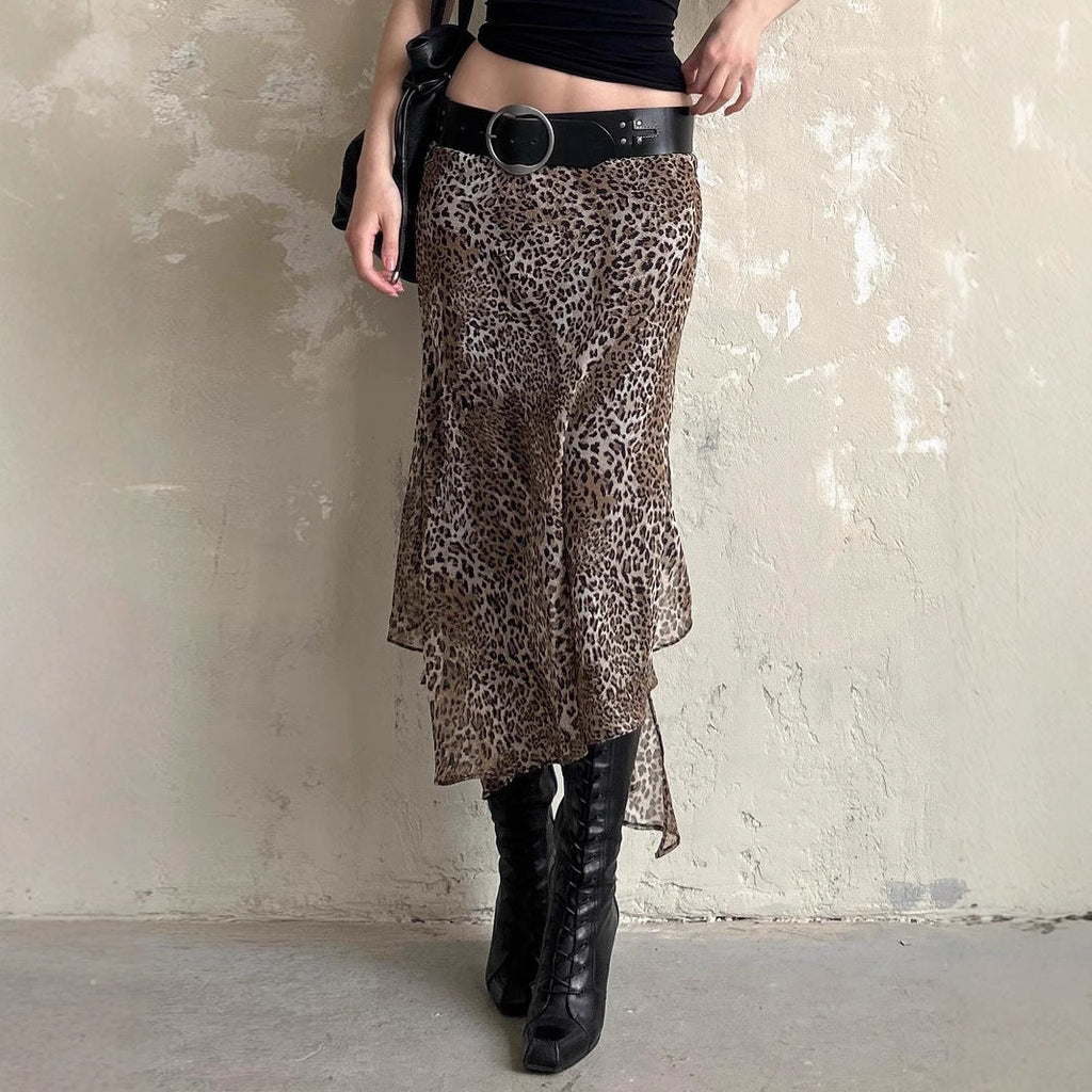 High-waisted Leopard Print Irregular Mesh Skirt