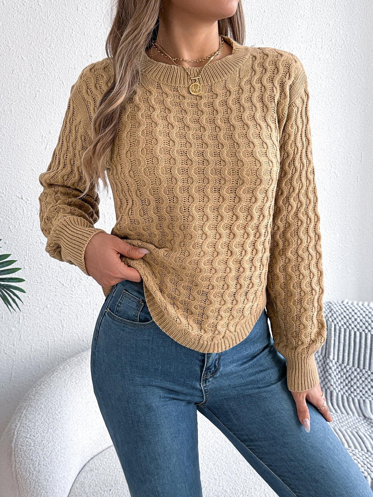 Women Casual Solid Color Cable Knit Lantern Sleeve Irregular Pullover Sweater