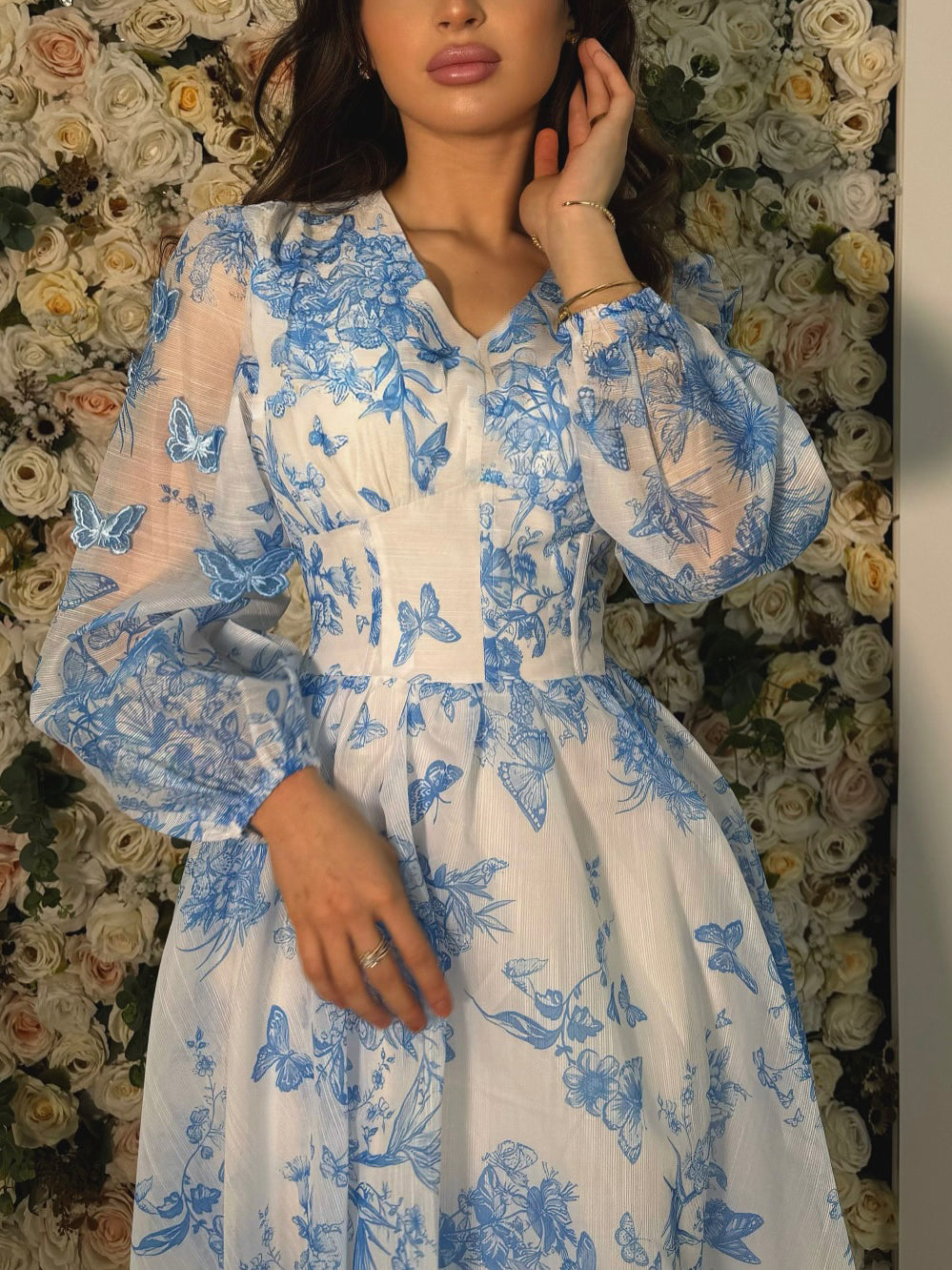 Butterfly Print V Neck Long Sleeve Dress