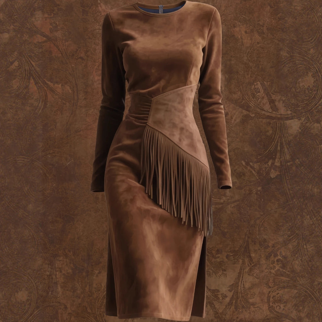 Women's Retro Western Crew-Neck Long-Sleeve Fringed Suede Velvet Dress