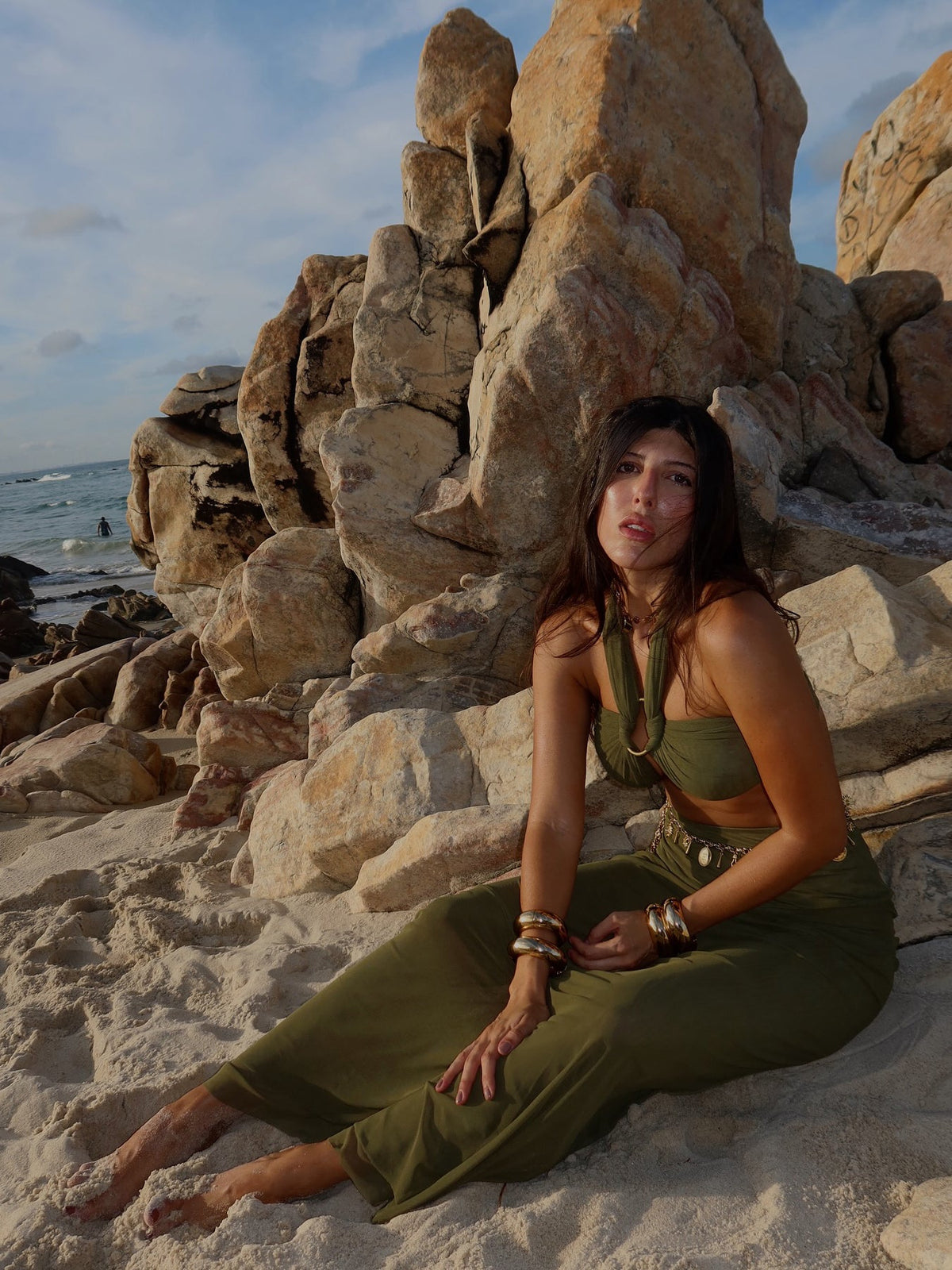 Olive Green Strappy Cropped Top & Hip-hugging Skirt Set