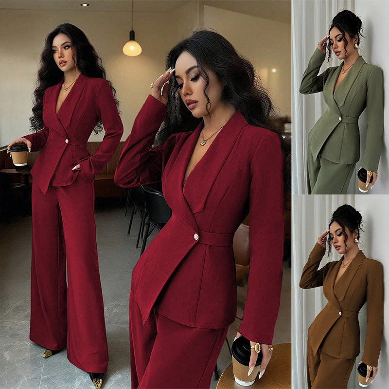 Women's Long-sleeved Suit Jacket Straight-leg Pants Top And Bottom