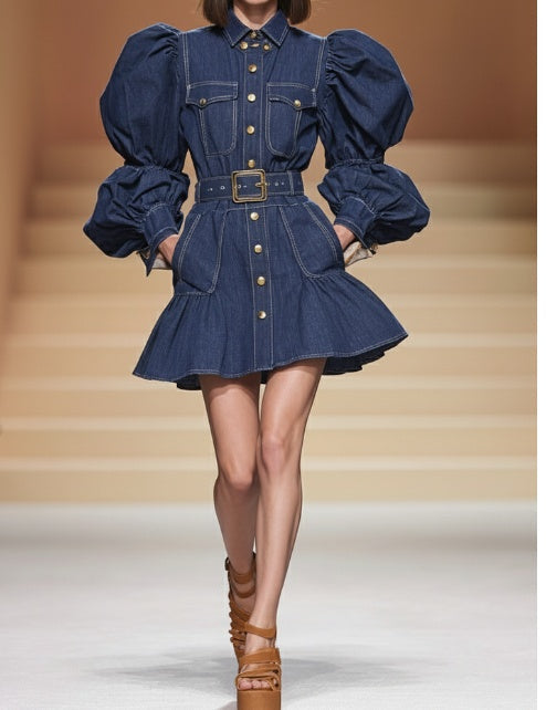 Puff Sleeve Belted Denim Shirt Dress Dark Blue Mini Silhouette