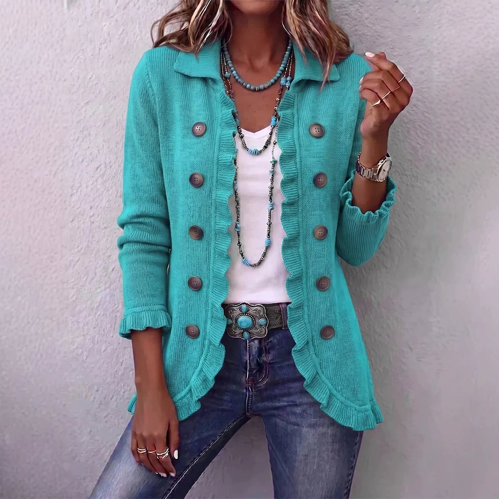 Elegant Womens Solid-Color Long-Sleeve Ruffled Knit Cardigan Sweater Coats With Buttons Spring Fall Front Opent Jackets Tops