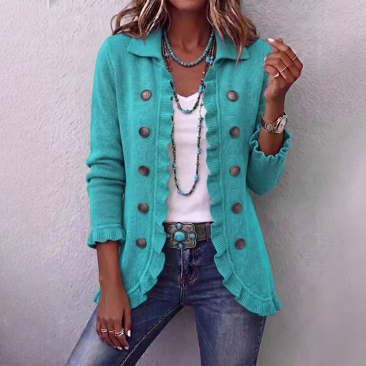 Elegant Womens Solid-Color Long-Sleeve Ruffled Knit Cardigan Sweater Coats With Buttons Spring Fall Front Opent Jackets Tops