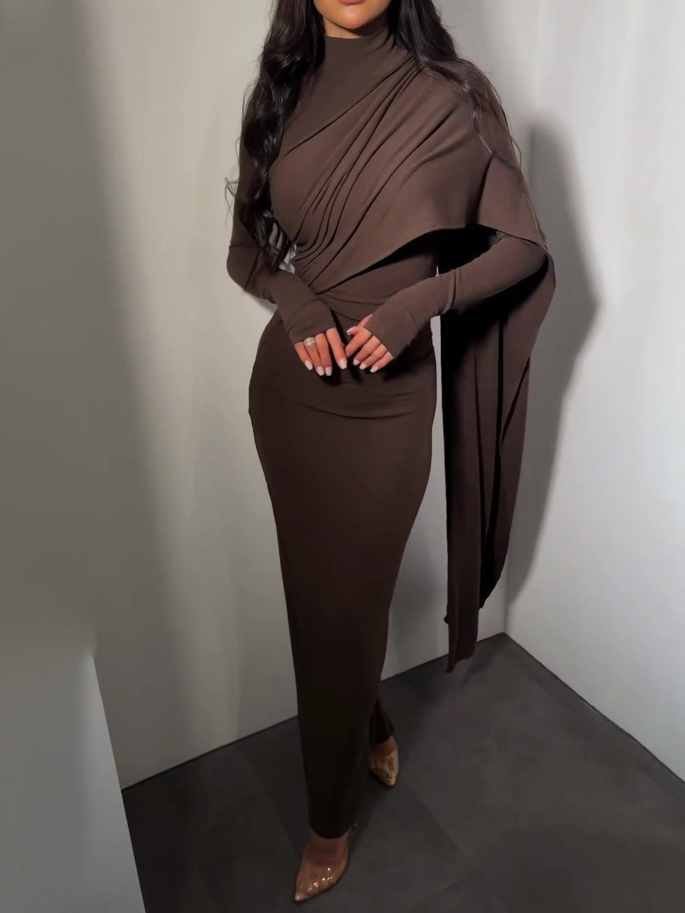 Brown Turtleneck Long-sleeved Slim Dress