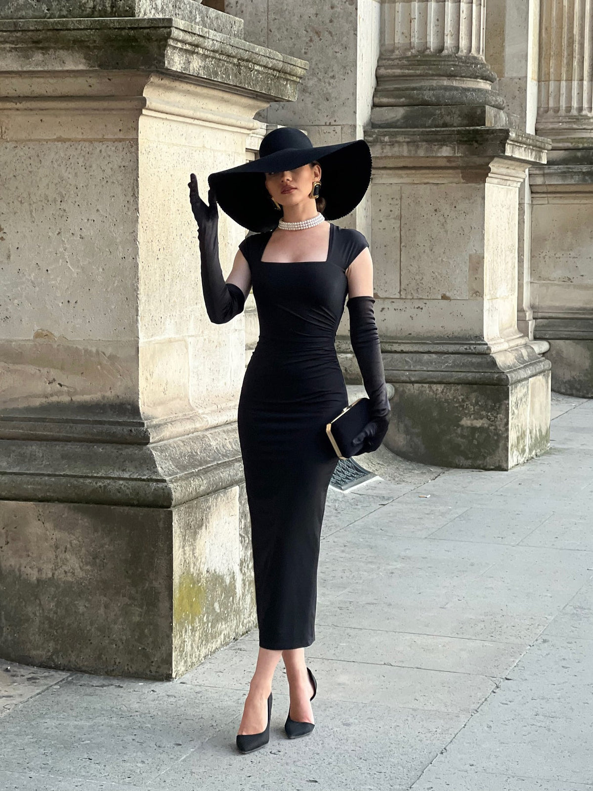 Black Square Neck Hip Wrap Dress With Gloves