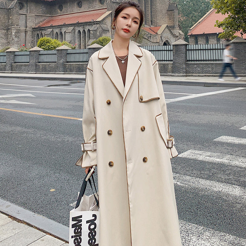Apricot Double-breasted Thin Windbreaker Women's Mid-length Long-sleeved Coat