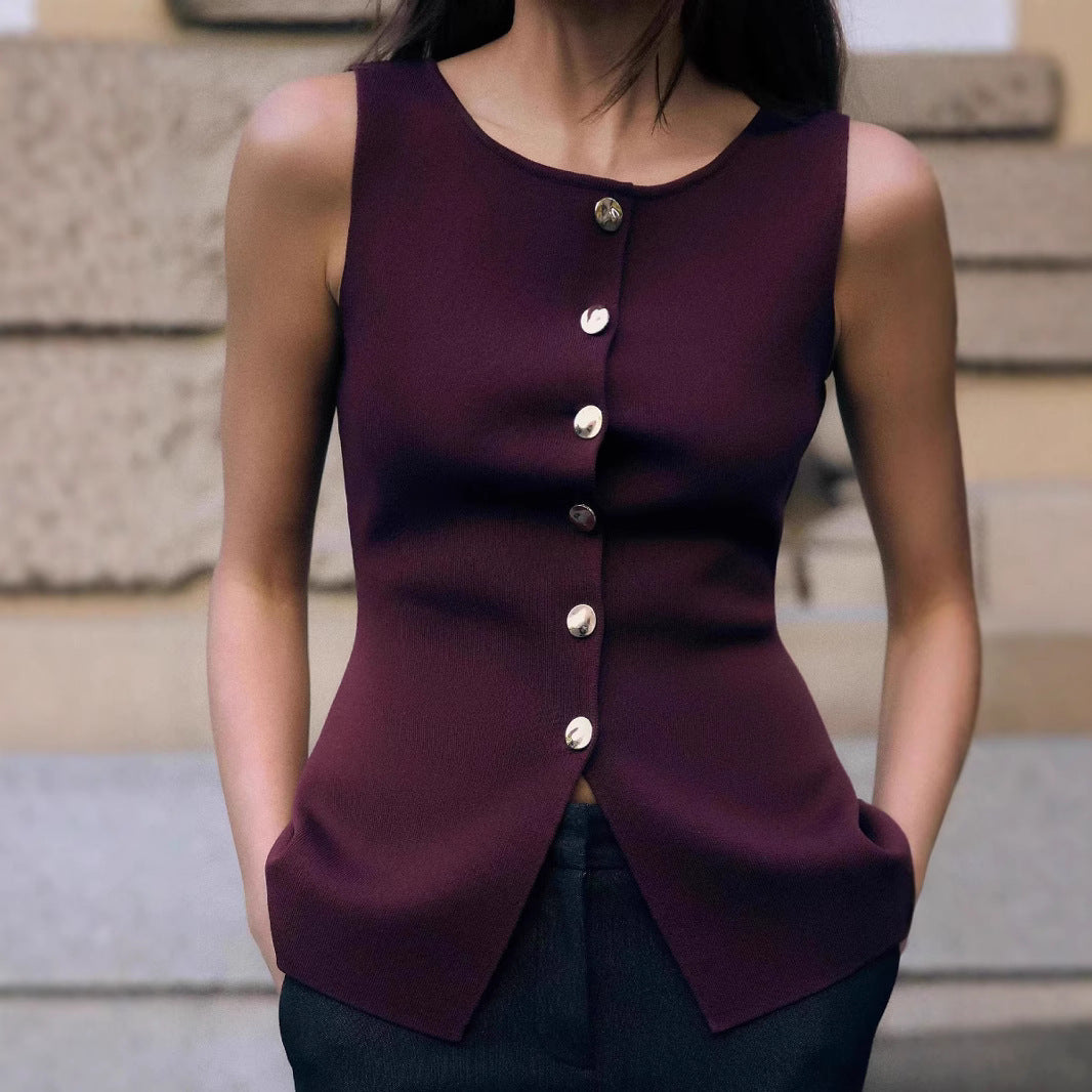 Fashion Plain Gold Button Sweater Vest