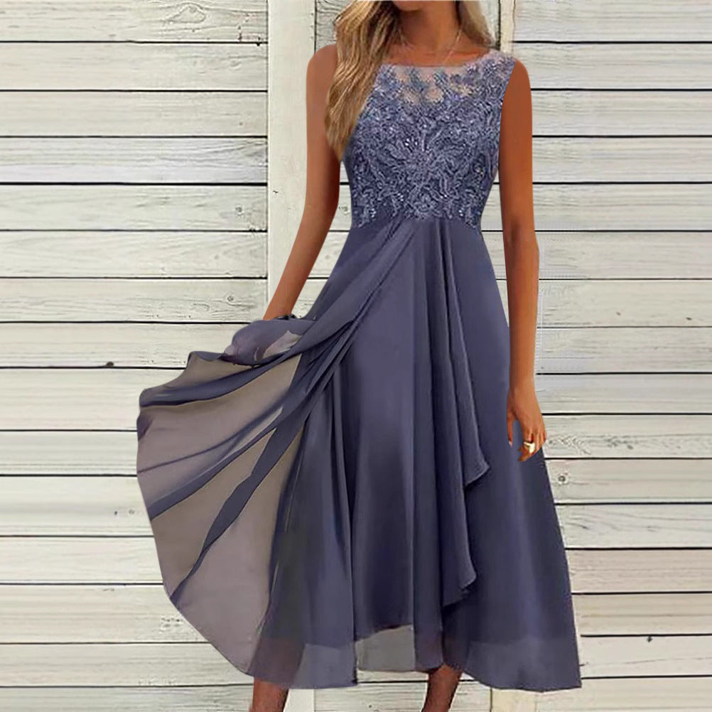 Women's Sleeveless Stitching Lace Hollow-out Chiffon Dress