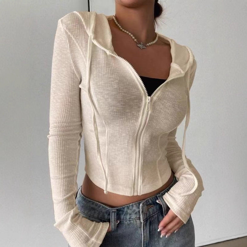 Top Slim Fit Sports Hoodie Short Zipper Hooded Sweatshirt