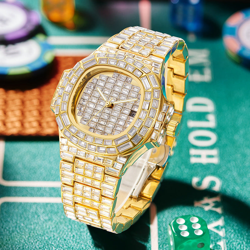 Full Square Diamond Casual Trend Waterproof Calendar Quartz Watch