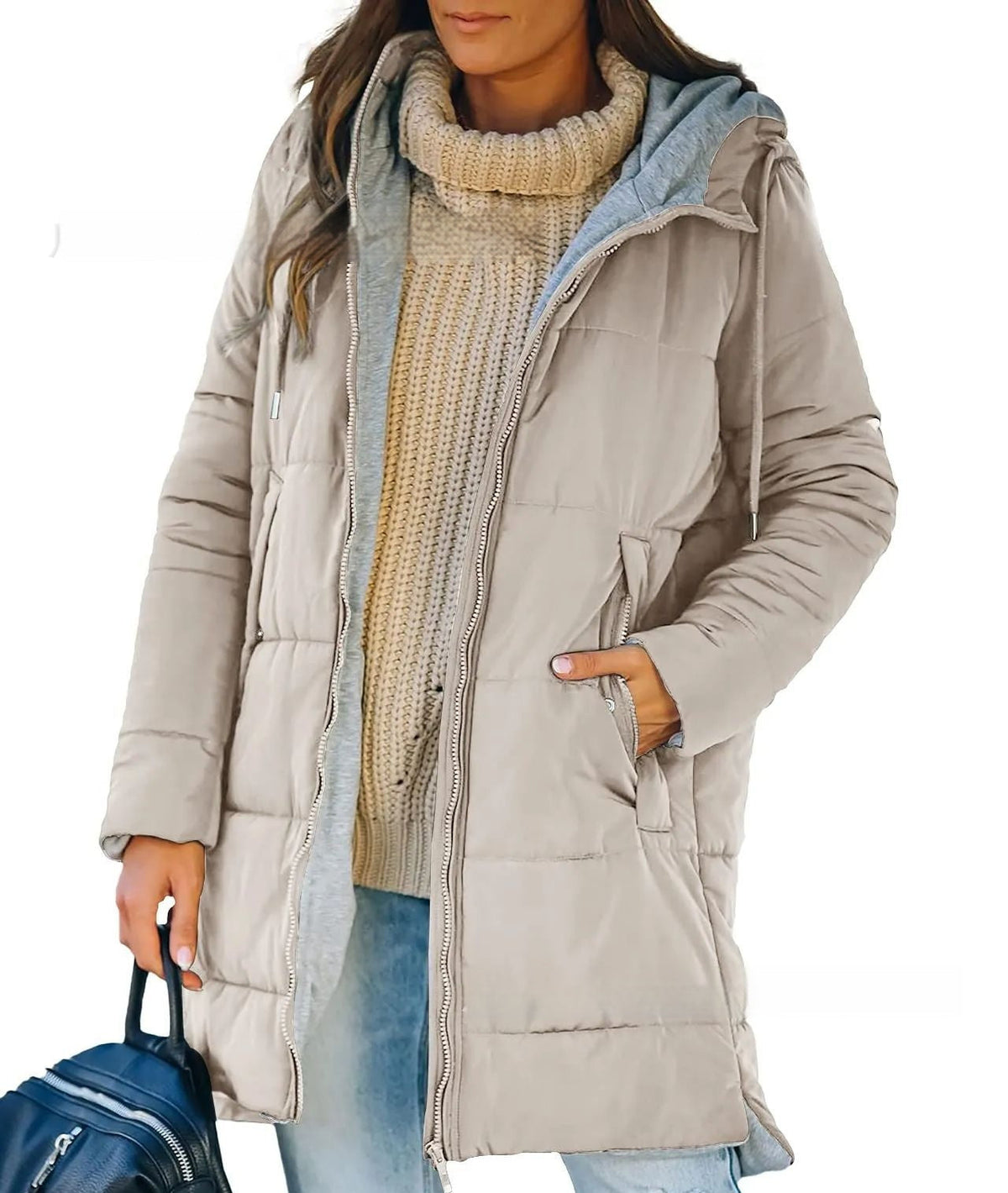 Women's Hooded Solid Color Pocket Long Cotton Jacket Coat