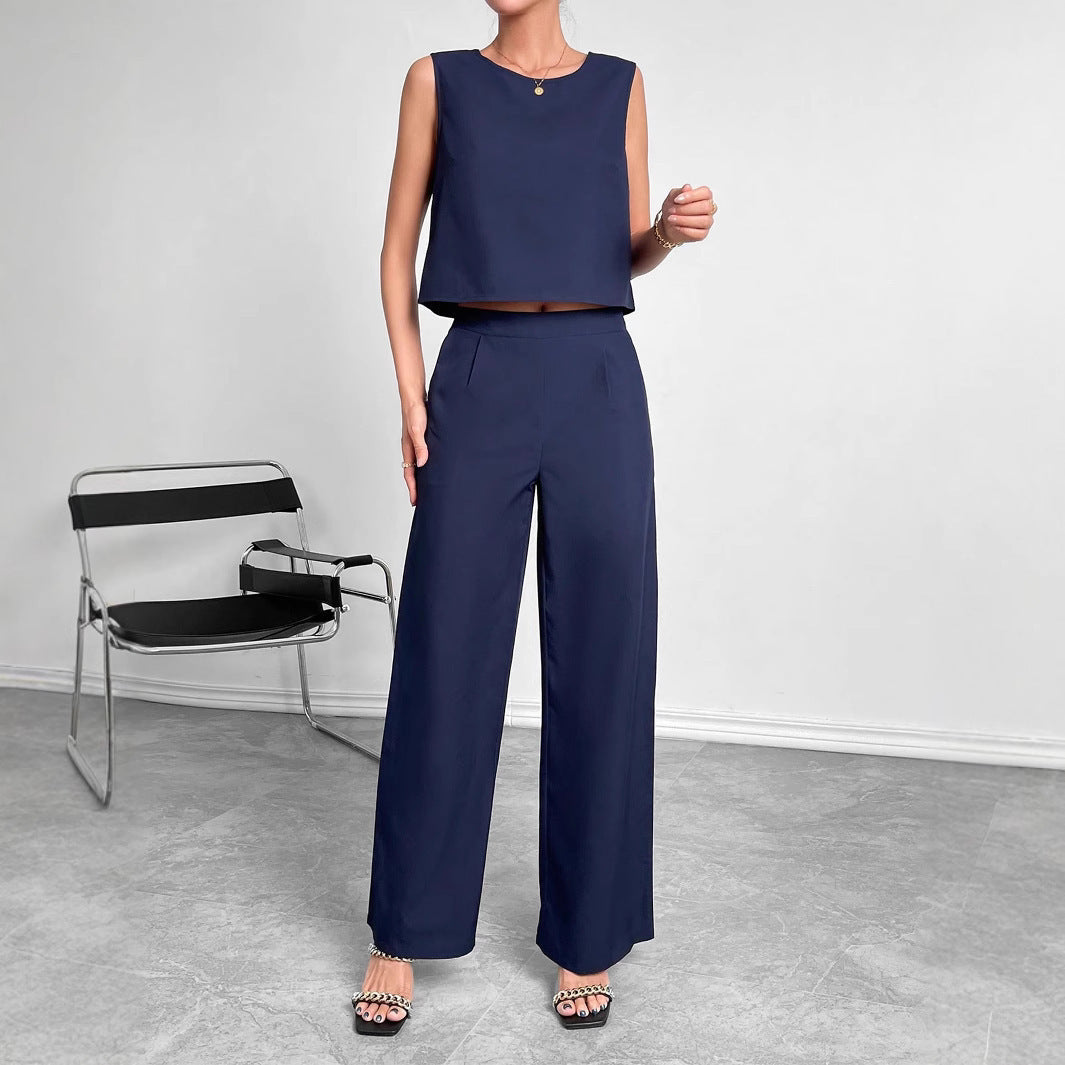 Round Neck Sleeveless Top Wide Leg Pants Two-piece Set