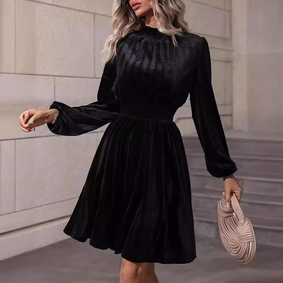 Graceful Stand Collar Solid Color Velvet Long Sleeve Dress
