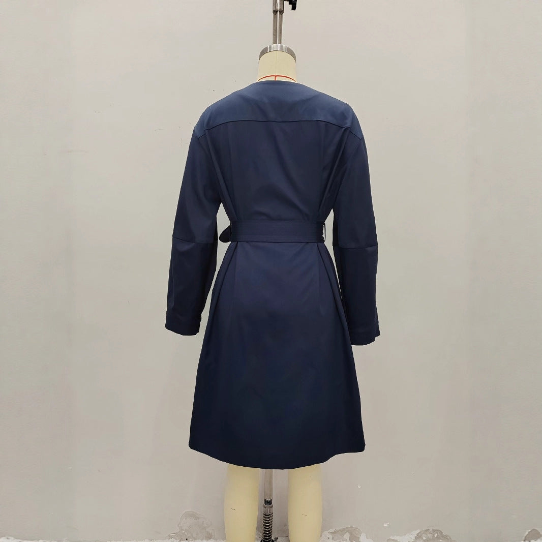 Elegant Round Neck Waist Trimming Elegant Trench Coat