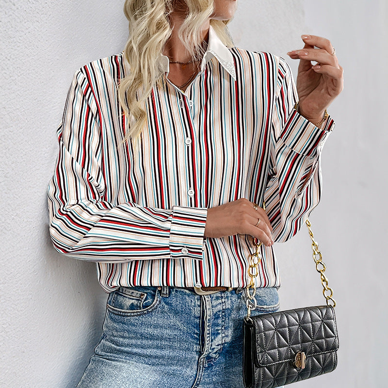 Lapel Color Vertical Striped Shirt For Women