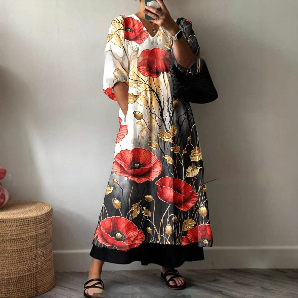 Loose V-neck Fashion High-end Long Sleeve Printed V-neck Dress