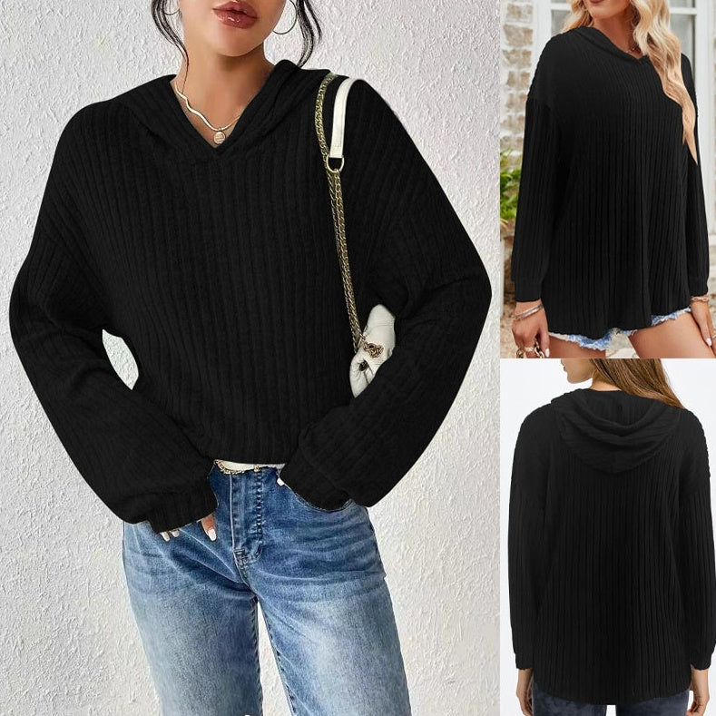 Loose-fitting Solid Color Long Sleeves Casual Sunken Stripe Hooded Sweater