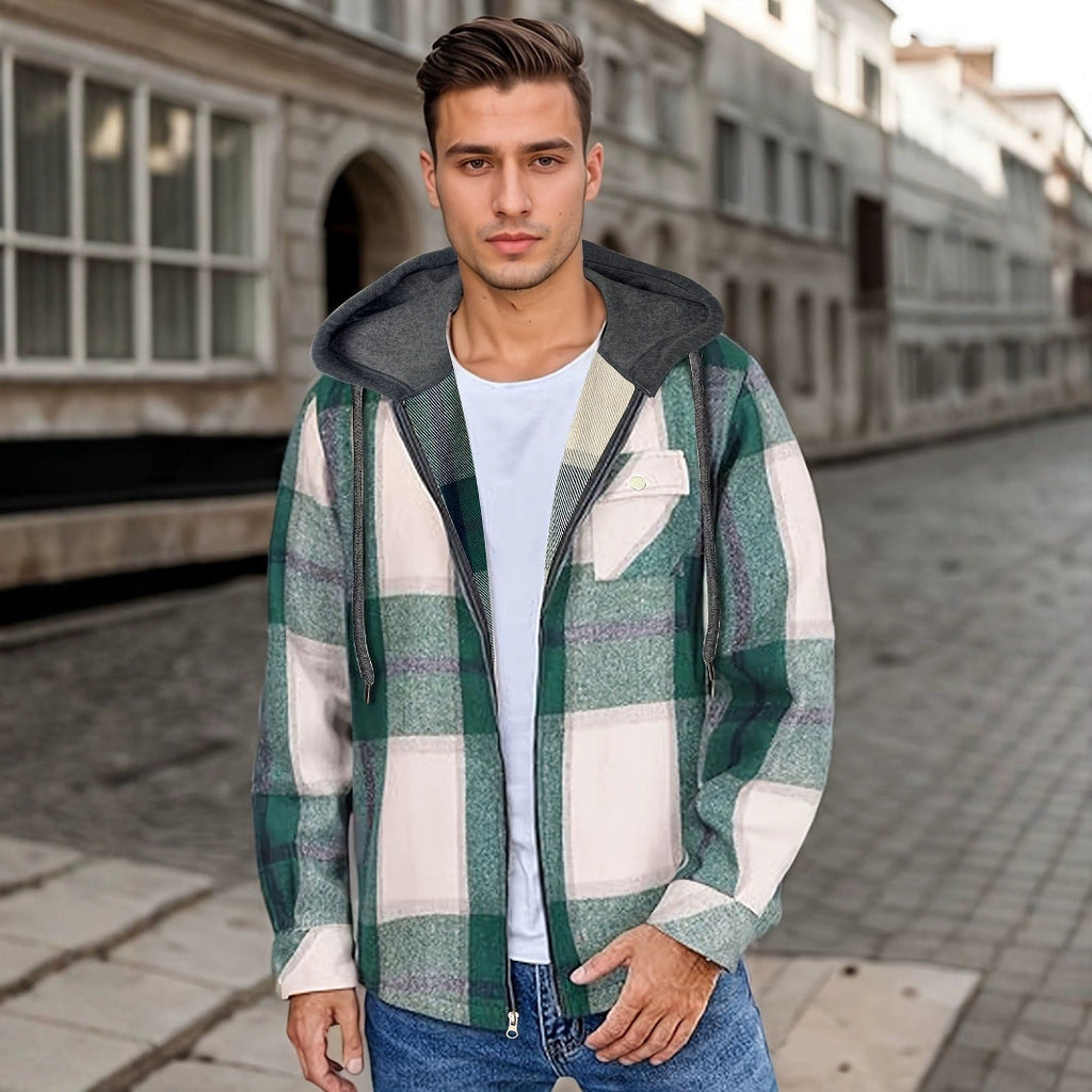 Men's Flannel Jacket Zipper Hooded Jacket