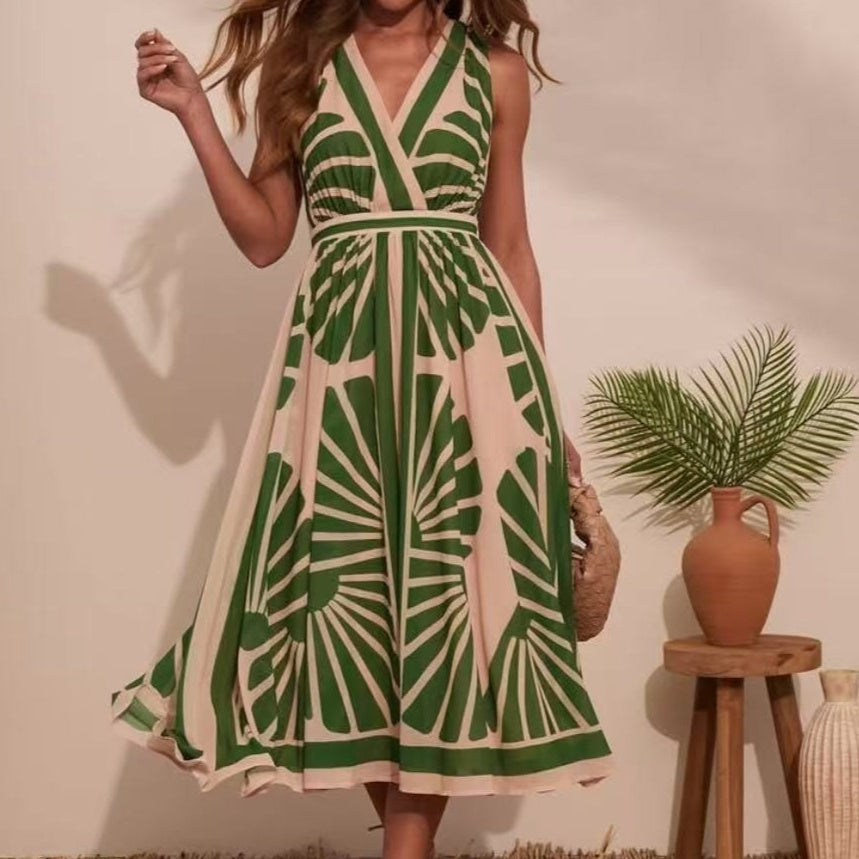 European And American V-neck Positioning Printing Backless Dress