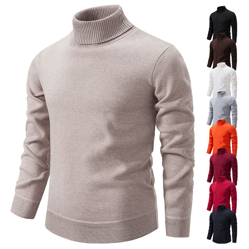 Men's Turtleneck Pullover Sweater Fashion Solid Color Fleece Lined Knitted Long-sleeved Top Clothing