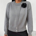 Women's Premium Elegant Solid Color Buttons Black Flower Knitted Pullover