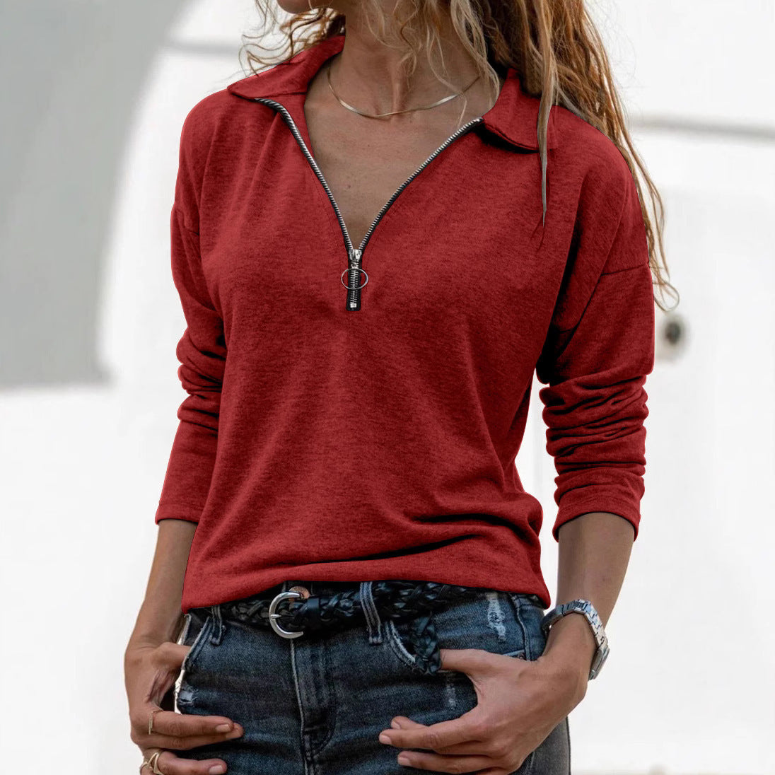 Fabric Lapel Zipper Casual Long Sleeve Women