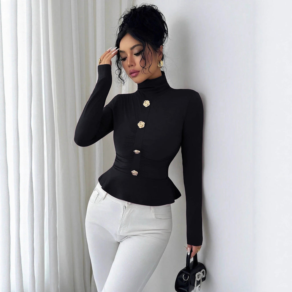 New Autumnwinter High-neck Pleated Top With A Figure-flattering Design
