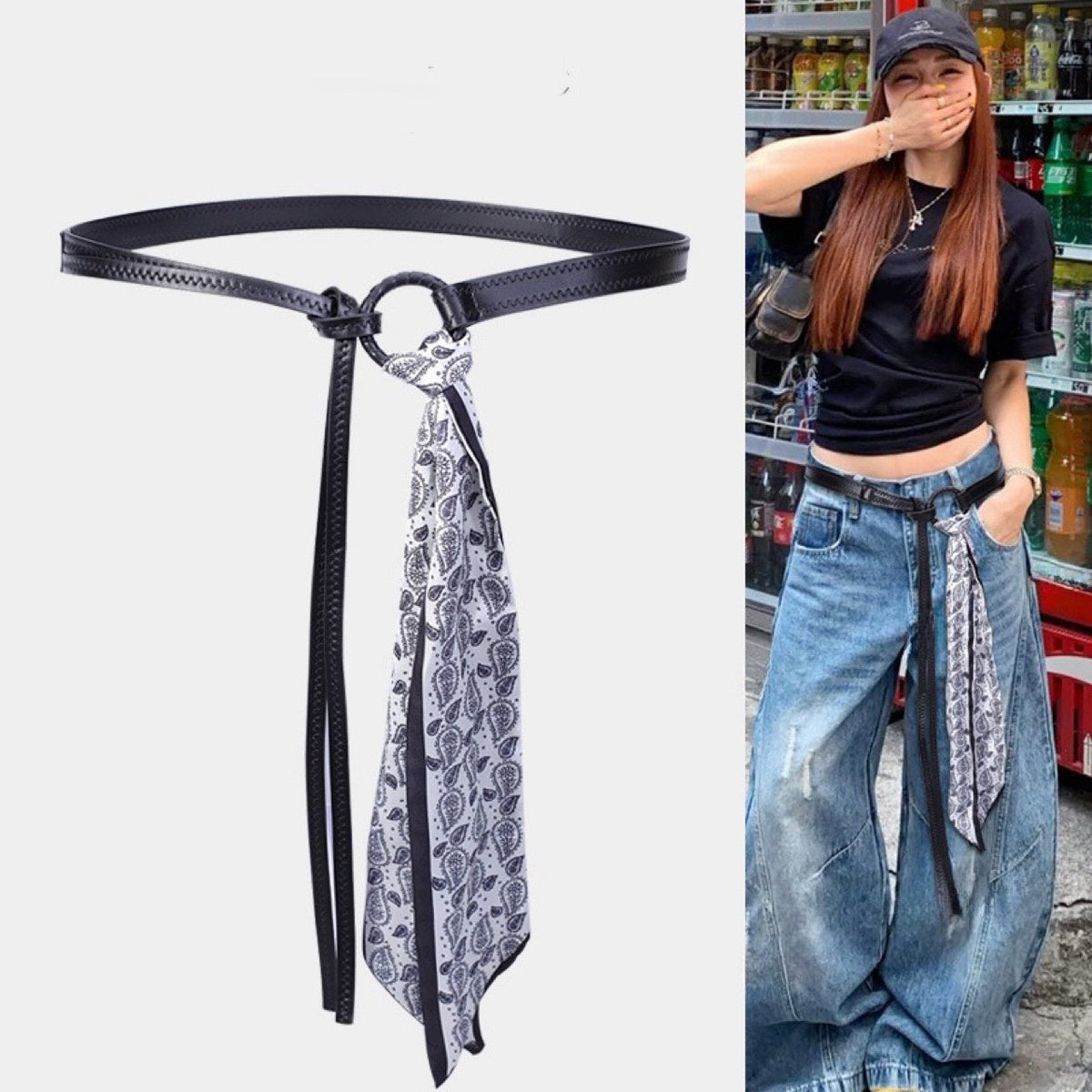 Scarf Belt Accessories For Wome Silk Ribbon Waist Chain Leather