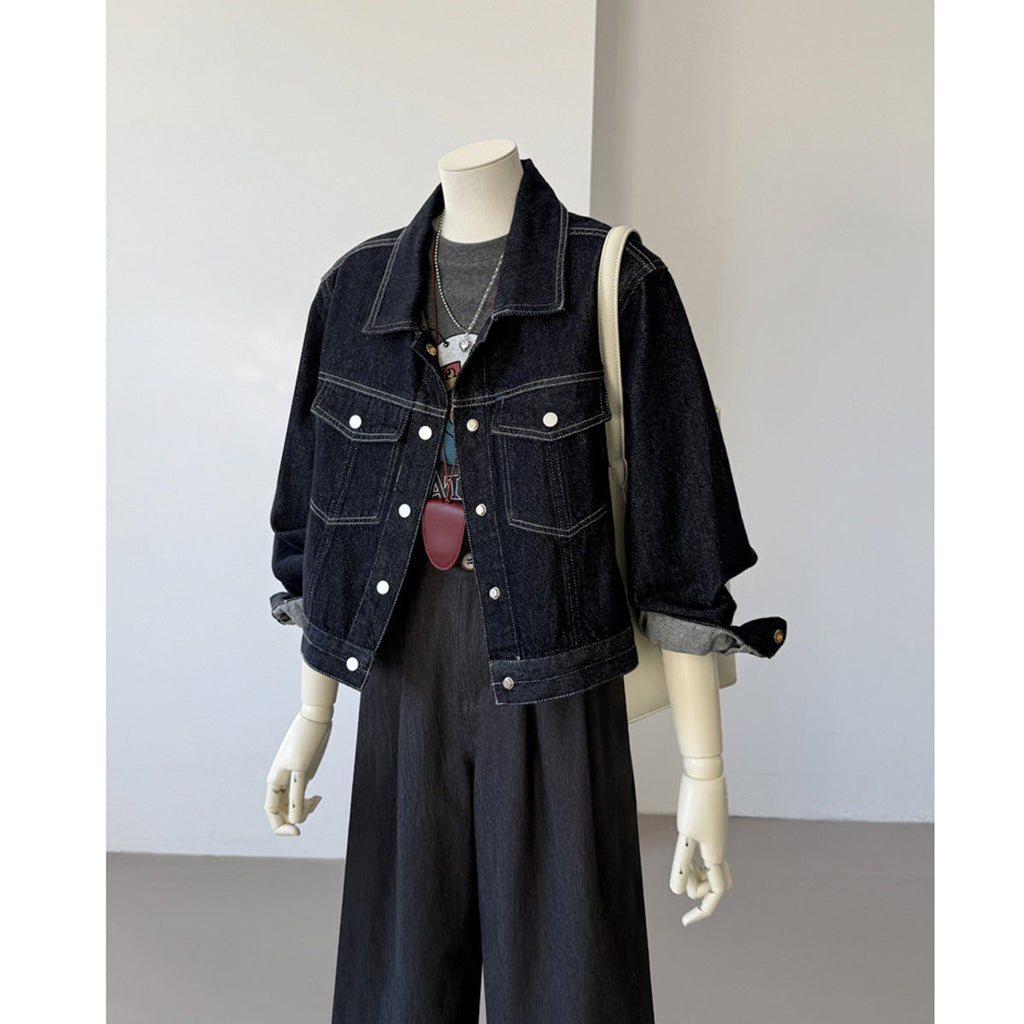 Korean Style Pocket Lapels Retro Dark Blue Short Denim Coat