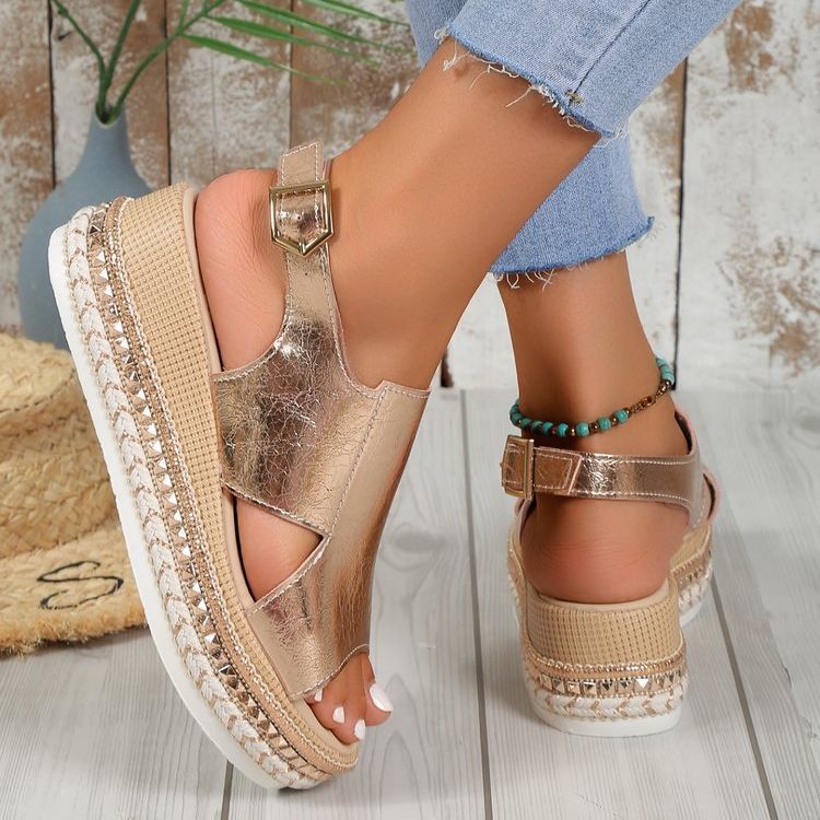 Summer Shiny Sandals Hollow Design Fish Mouth Sandal For Women Fashion Buckle Wedges Shoes