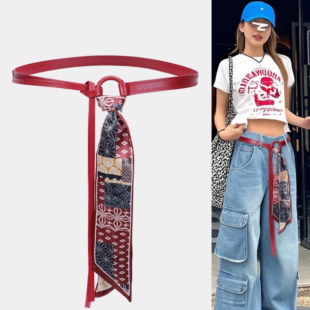 Scarf Belt Accessories For Wome Silk Ribbon Waist Chain Leather