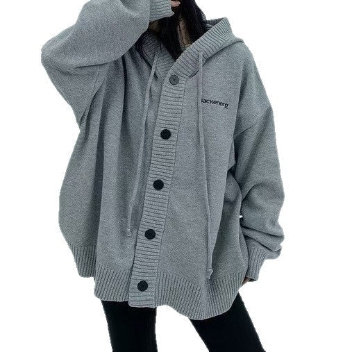 Plus Size Loose Hooded Drawstring Knitted Cardigan Sweater