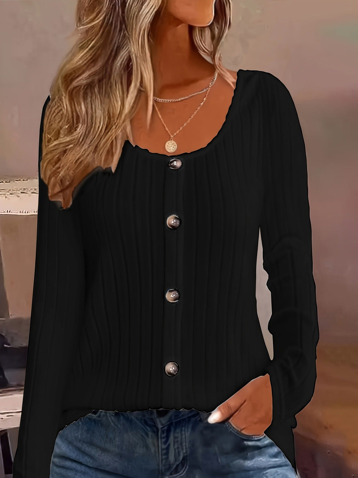 Ribbed Crew Neck Button-down Casual Long Sleeve